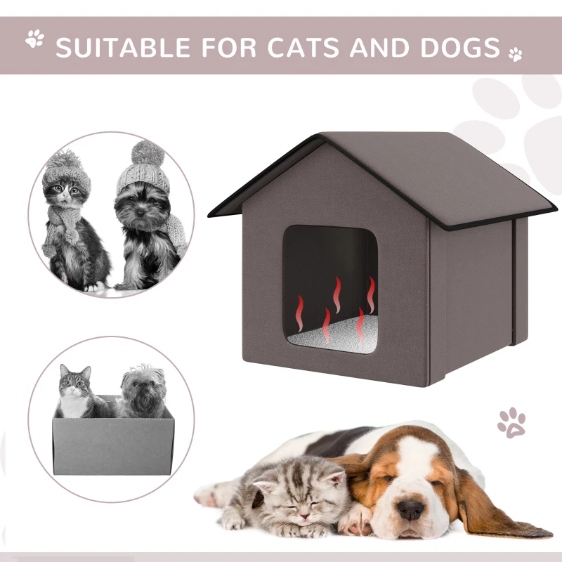 PawHut Heated Cat Houses for Outdoor and Indoor, Portable Kitty Shelter, Waterproof and Insulated, Brown