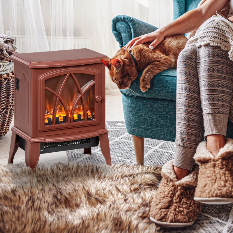 HOMCOM Electric Fireplace Heater, Freestanding Fireplace Stove with Realistic Flames Overheating Protection 750W/1500W, Red