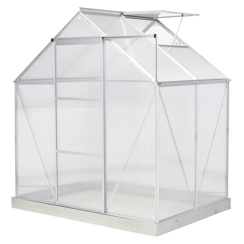 Outsunny 6' x 4' Hobby Greenhouse, Walk-in Polycarbonate Hot House Kit with Aluminum Frame, Sliding Door, Roof Vent, Silver