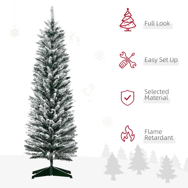 HOMCOM 5' Snow Flocked Artificial Pencil Christmas Tree, Slim Xmas Tree with Realistic Branches and Plastic Base Stand for Indoor Decoration, Green