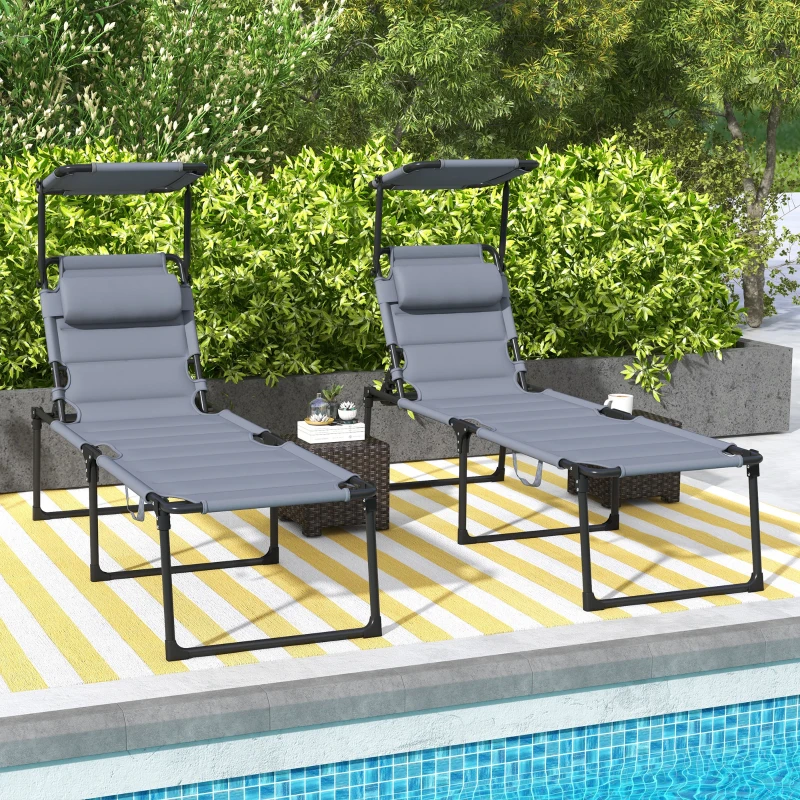 Outsunny 2 Pcs Outdoor Lounge Chair, 4 Position Adjustable Backrest, Folding, Cushioned w/ Sun Shade Roof & Pillow, Gray