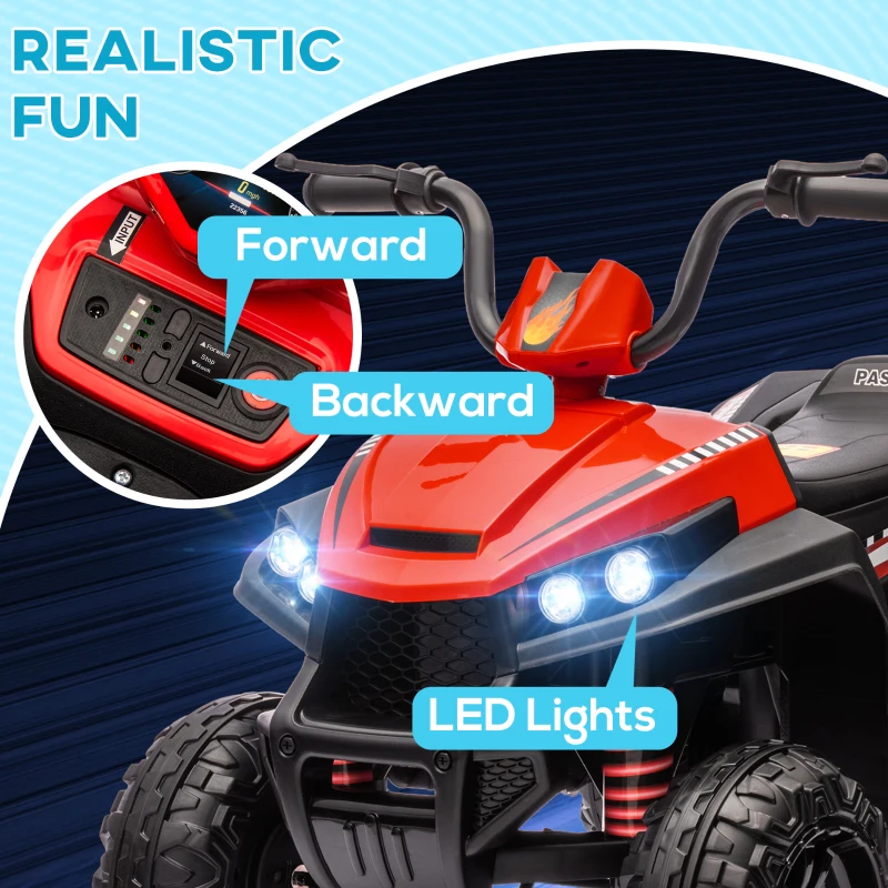 Qaba 12V Kids ATV with Four Wheels Spring Suspension, Forward & Backward, LED Light, MP3, Music, Red