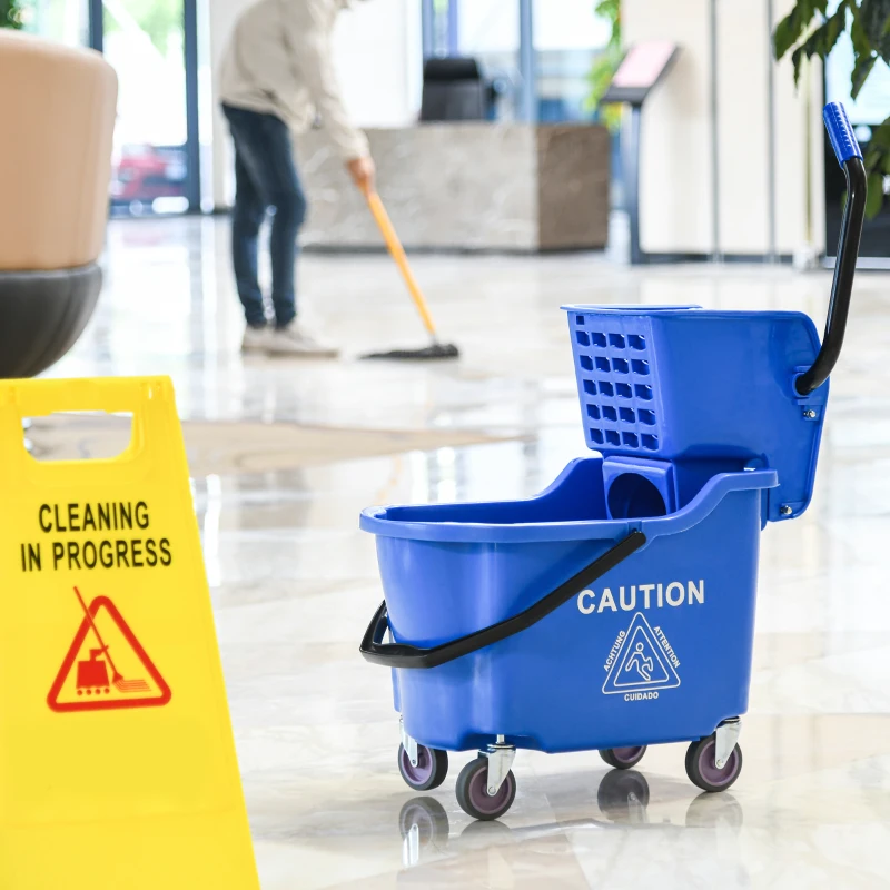 HOMCOM Mop Bucket Cart with Side Press Wringer, Metal Handle and 34 Quart Capacity, Blue