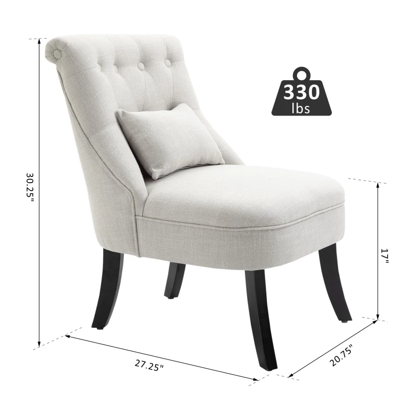 HOMCOM Small Button-Tufted Accent Chair Mid-Back Leisure Armchair with Upholstered Fabric, Solid Wood Legs, and Support Pillow, Beige