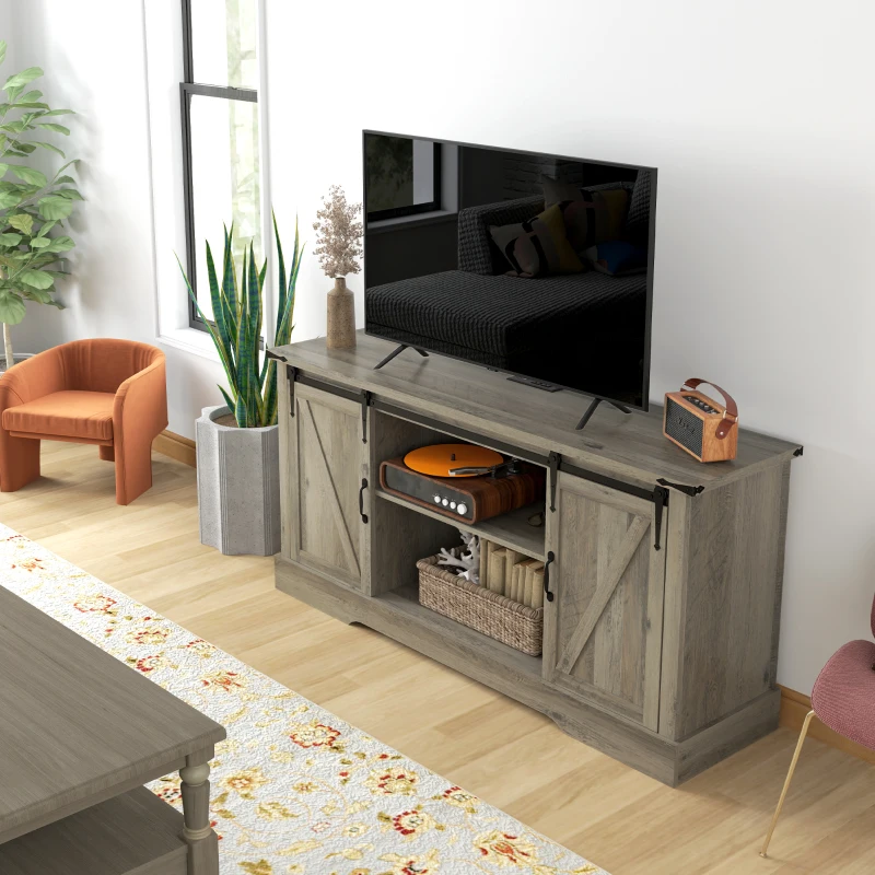 HOMCOM Sideboard with Charging Station, Farmhouse Coffee Bar Cabinet with Sliding Barn Door, TV Stand for TVs Up to 65", Gray
