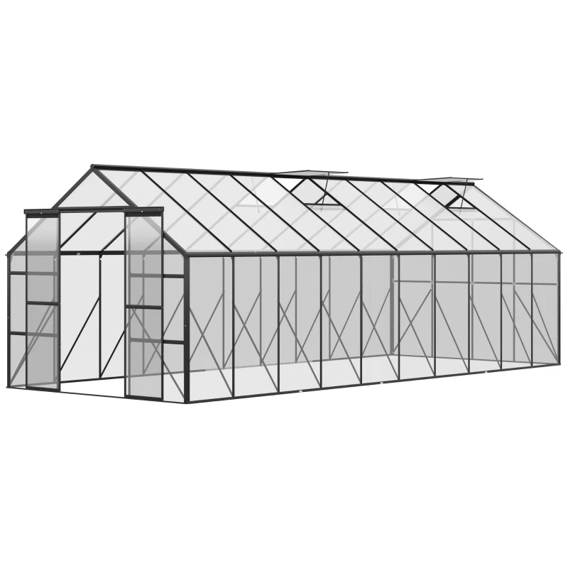 Outsunny 20' x 8' Aluminum Greenhouse Polycarbonate Walk-in Garden Greenhouse Kit with Adjustable Roof Vent, Rain Gutter and Sliding Door for Winter, Clear(m-11)