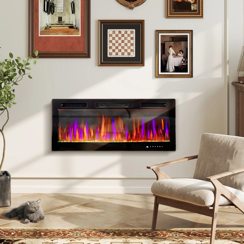 HOMCOM 42" Electric Fireplace Recessed and Wall Mounted, Freestanding, 1500W Ultra-thin with Adjustable Flame, Crystal, Black