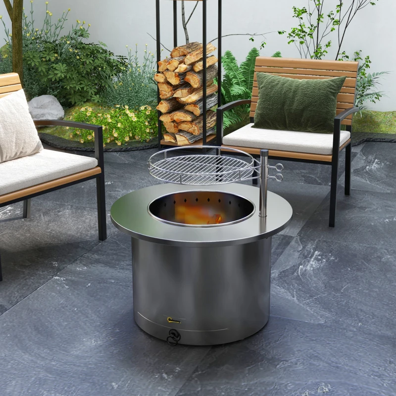 Outsunny 2-in-1 Smokeless Firepit, Stainless Steel Bonfire Stove with Poker and Ash Tray for Backyard, Patio, Picnic, Silver