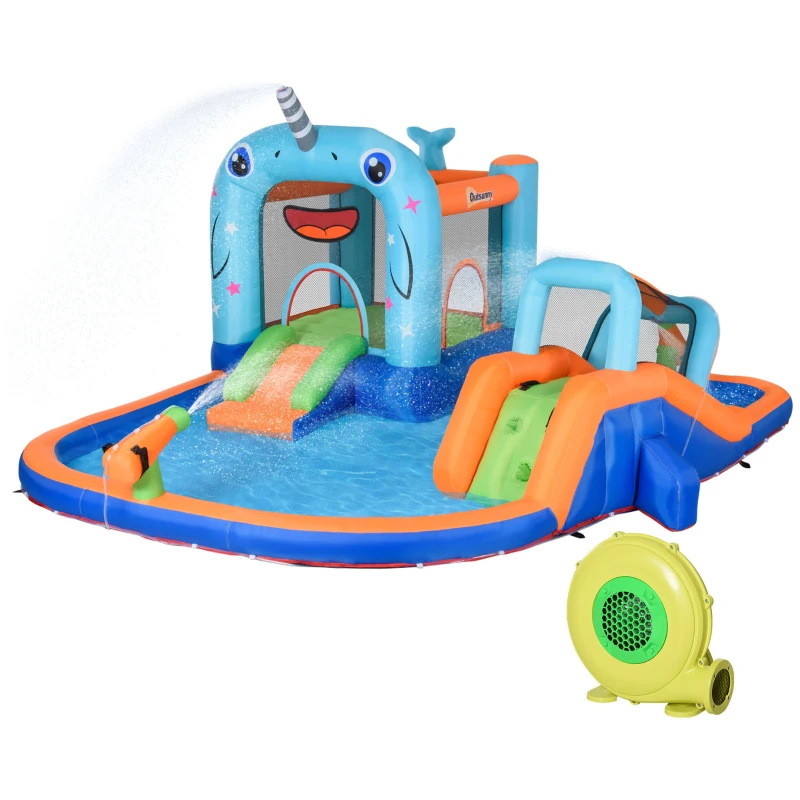 Outsunny 13.8 x 12FT Large Inflatable Water Slide Bouncy Castle, Narwhals Style Kids Bounce House with 450W Blower, Slide, Trampoline, Pool, Water Cannons, Climbing Wall, Carry Bag