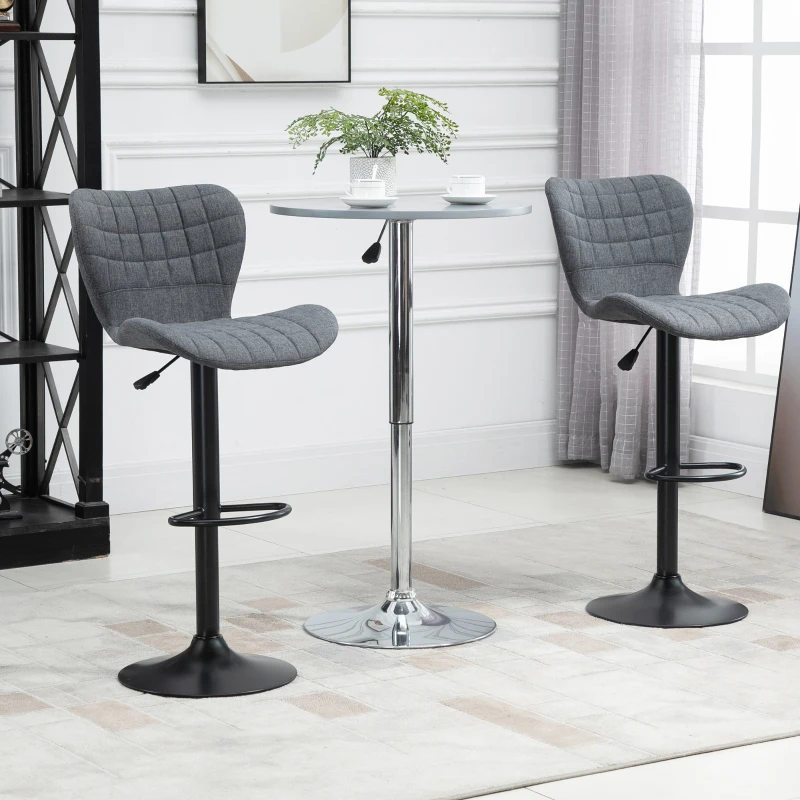 HOMCOM Bar Stools Set of 2, Adjustable Height Swivel Bar Chairs, Linen-feel Fabric Upholstered Kitchen Counter Stools with Wide Seat, Back and Footrest, Grey