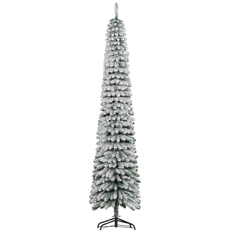 HOMCOM 8' Tall Unlit Slim Pencil Xmas Tree, Snow Flocked Artificial Christmas Tree with Realistic Branches and 603 Tips, Green