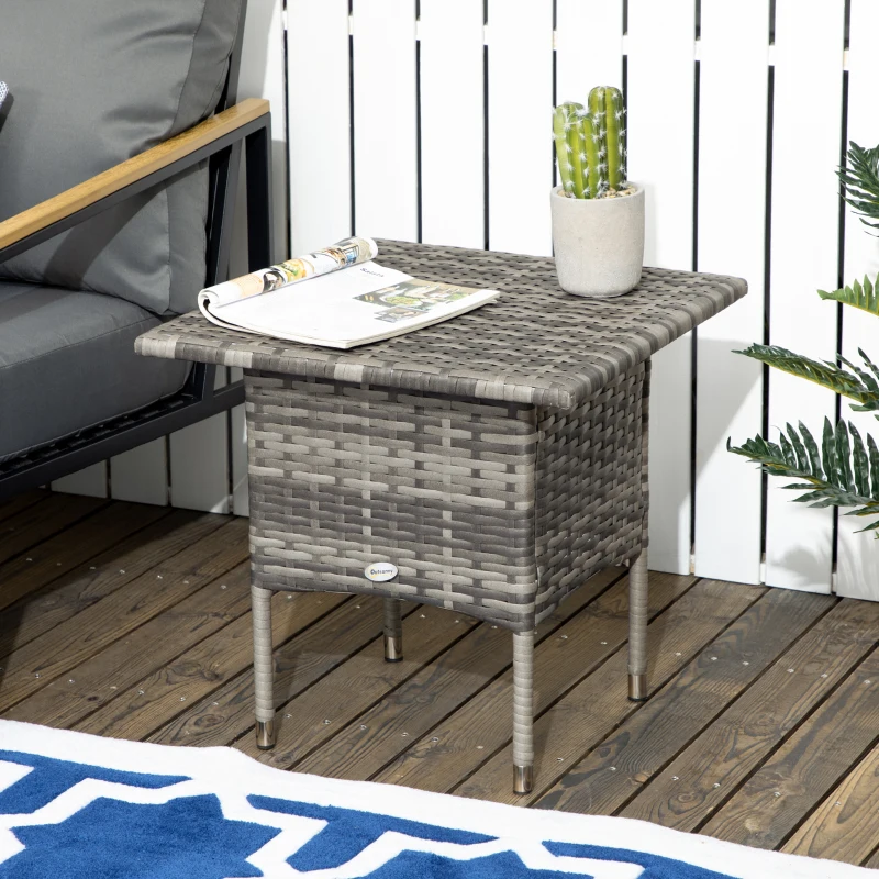 Outsunny 20" Patio Wicker Coffee Table, Outdoor Coffee Table with Plastic Board Underneath the Woven Tabletop for Patio, Garden, Balcony, Mixed Grey