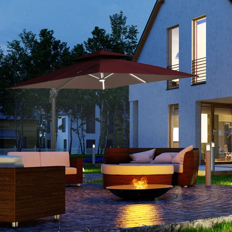 Outsunny 10x10ft Shade Umbrella with Solar LED Cold Lighted and Power Bank with Adjustable Angle for Backyard, Wine Red
