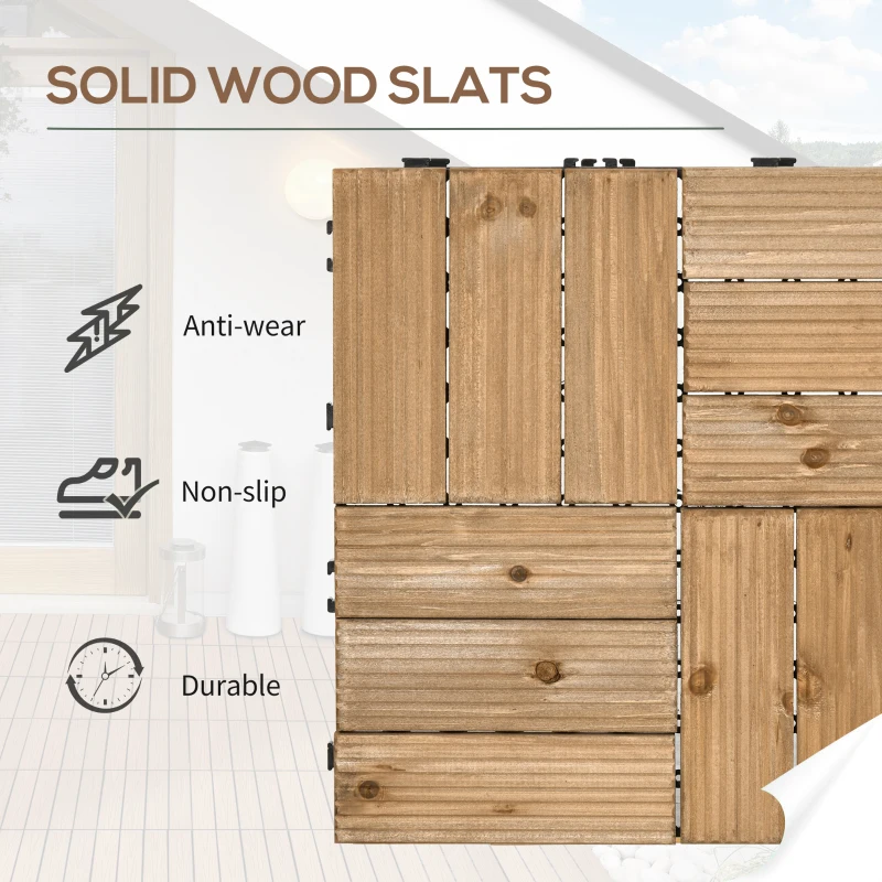 Outsunny 27 Pcs Wood Interlocking Deck Tiles, 12 x 12in Outdoor Flooring Tiles for Indoor and Outdoor Use, Tools Free Assembly, Brown