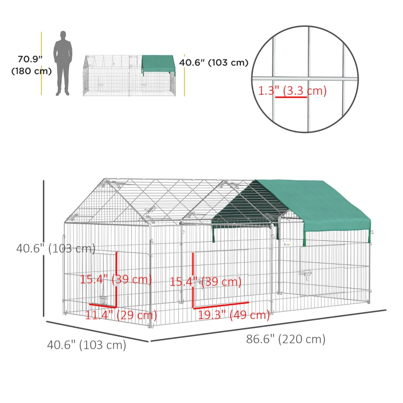 PawHut 87x41x41-IN Catio Rabbit Guinea Pig Cage Chicken Coop Run, Small Animal Enclousure Outdoor Indoor with Cover and Multiple Doors, Green