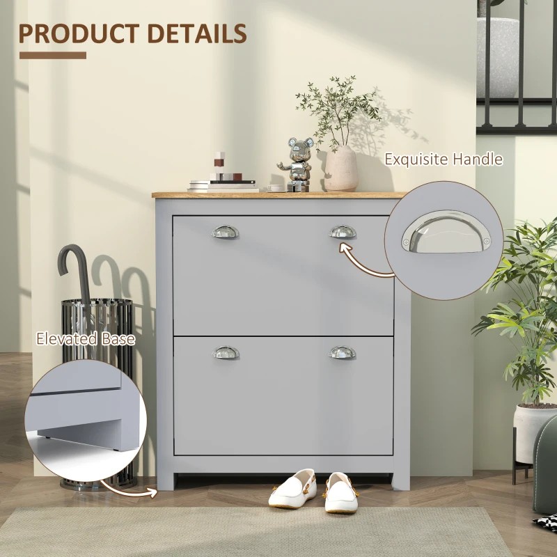 HOMCOM Entryway Shoe Cabinet with 2 Flip Drawers and Adjustable Shelves, 12 Pair Shoe Storage Organizer for Hallway, Grey