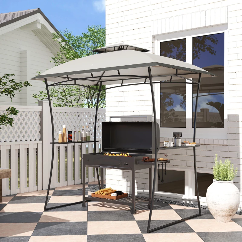 Outsunny 8' x 5' Outdoor Grill Gazebo, Double Tiered Barbecue Grill Gazebo Shelter with 2 Side Shelves and Hook, Light Grey