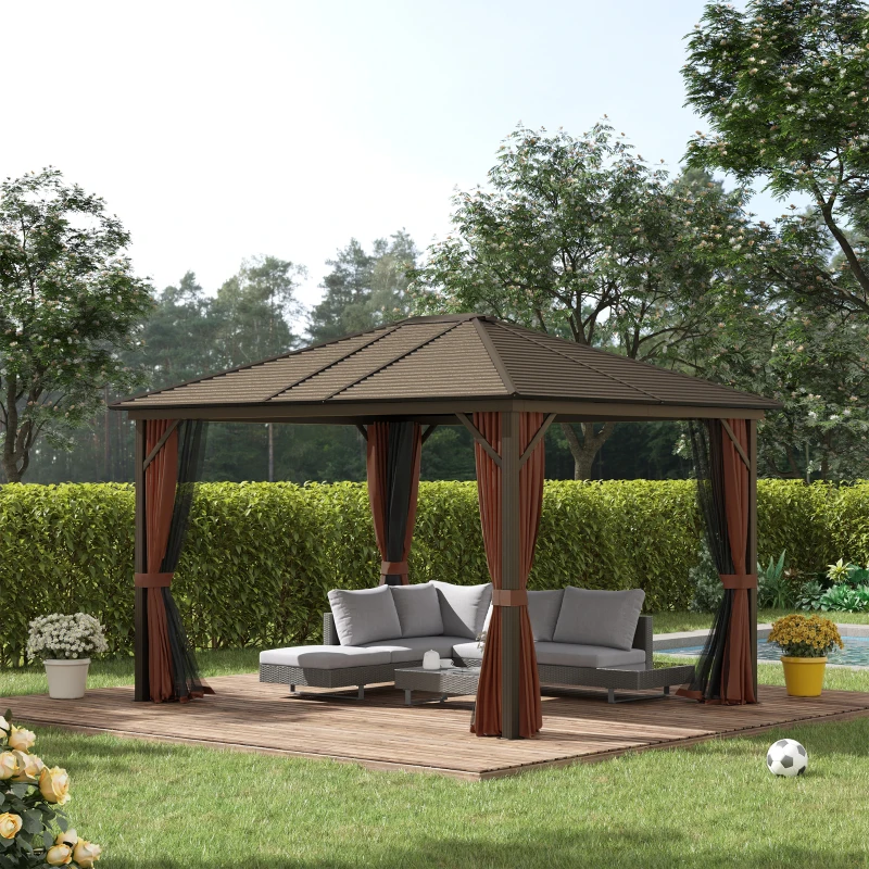 Outsunny 10' x 12' Hardtop Gazebo with Curtains and Netting, Permanent Pavilion Metal Single Roof Gazebo Canopy with Aluminum Frame and Hooks, for Garden, Patio, Backyard, Coffee Brown