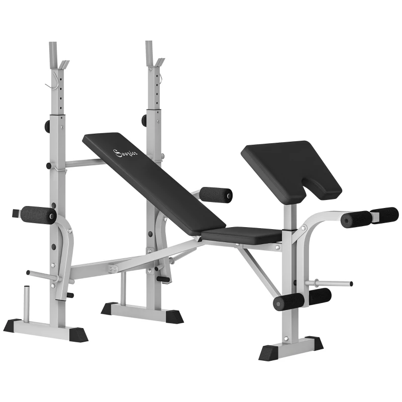 Soozier Bench Press Set Adjustable Weight Bench with Squat Rack, Preacher Curl Pad, Leg Developer and Weight Storage, Grey