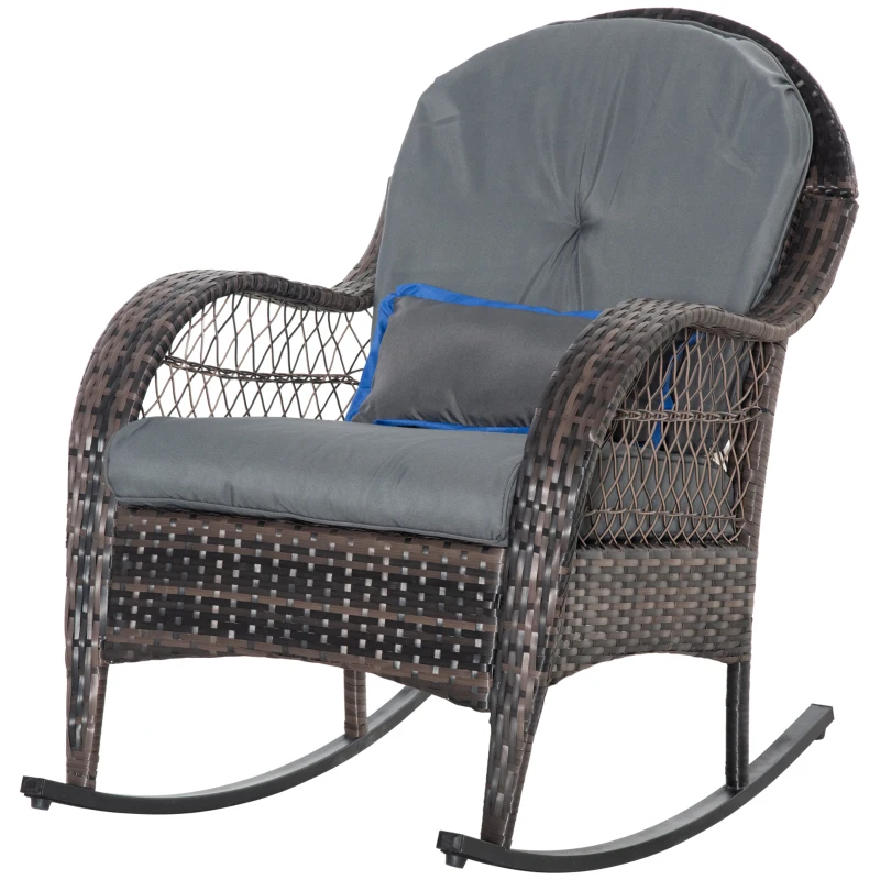 Outsunny Outdoor Rocking Chair with Seat and Back Cushion, Outdoor PE Rattan Garden Chair with Curved Armrests, for Porch, Backyard, Poolside, Grey