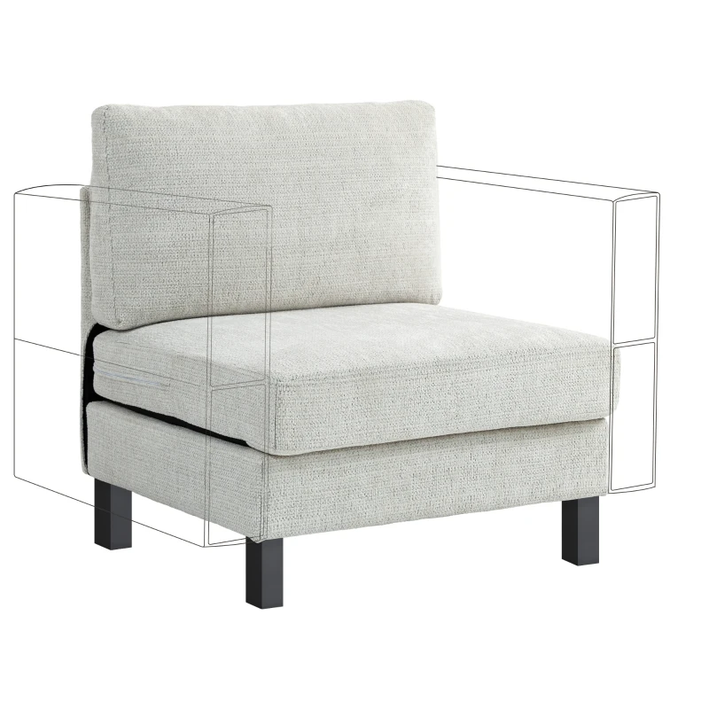 HOMCOM Middle Module for Modular Sectional Sofa, Upholstered Armless Chair with Wood Legs and Pocket Spring, Cream White