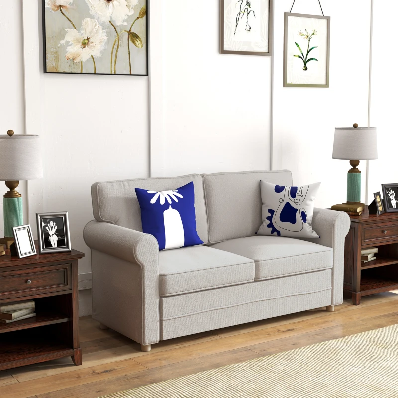 HOMCOM 59" Loveseat Sofa for Bedroom, Modern Love Seats Furniture, Upholstered 2 Seater Couch with Solid Steel Frame and Beech Wood Legs for Living Room, Light Grey