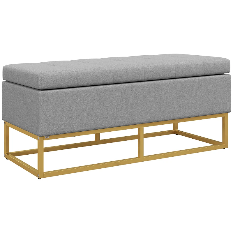 HOMCOM Flip Top Storage Ottoman, Upholstered Storage Bench, Linen Fabric Footstool for Living Room, Bedroom, Grey