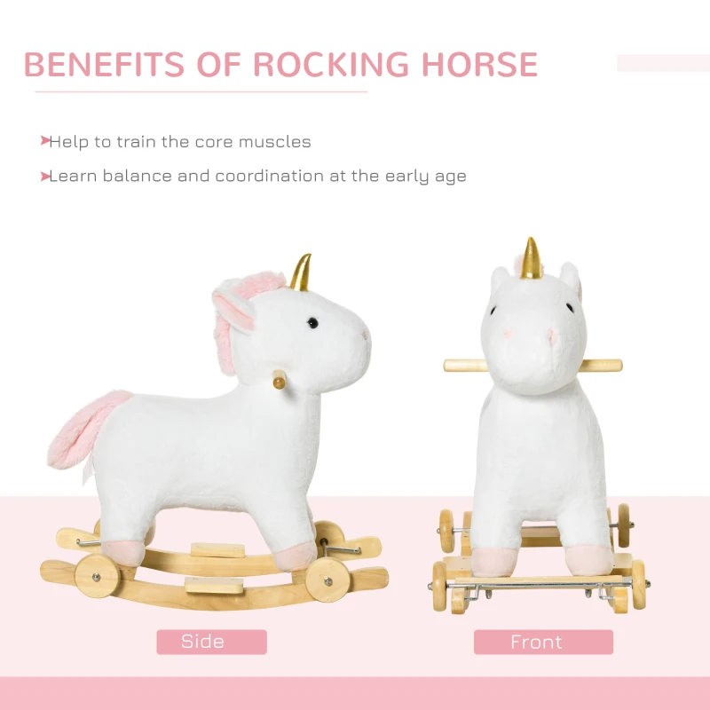 Qaba 2 in 1 Kids Rocking Horse, Rolling Unicorn with Sound, Wooden Base, Pedal, Grip Handle, for 3-6 Years Old, White