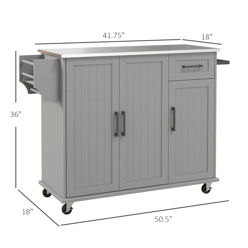 HOMCOM Kitchen Island with Wheels, Kitchen Island on Wheels with Drawer, 3 Cabinets, Stainless Steel Countertop, Gray