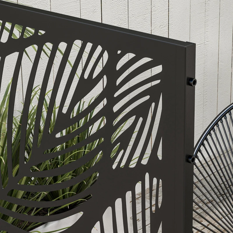 Outsunny 6.5FT Decorative Outdoor Divider, Metal Privacy Screen with Stand, Leaf Style, Black