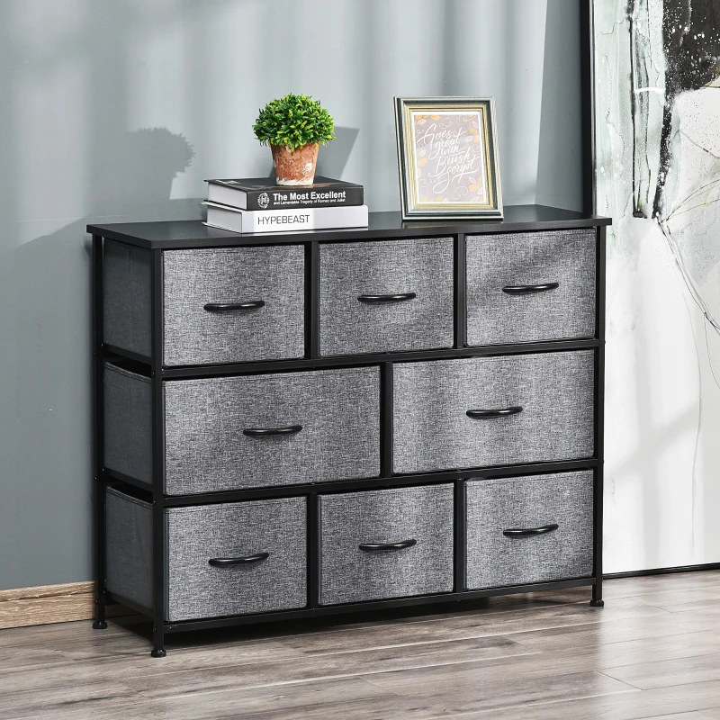 HOMCOM 8-Drawer Dresser, 3-Tier Fabric Chest of Drawers, Storage Tower Organizer Unit with Steel Frame for Bedroom, Hallway, Dark Gray
