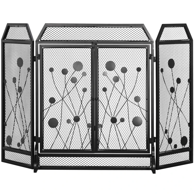 HOMCOM 3-Panel Metal Fireplace Mesh Screen Home Folded Steel Spark Protection with Magnetic Doors 49.25" x 31.5", Black