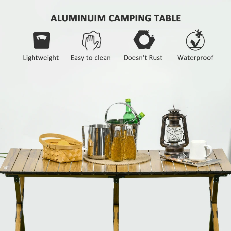 Outsunny 4ft Low Height Folding Camping Table, Roll-Up Aluminum Picnic Table with Carry Bag, Waterproof & Woodgrain Finish, Portable Table for Travel, BBQ, Beach, or Hiking