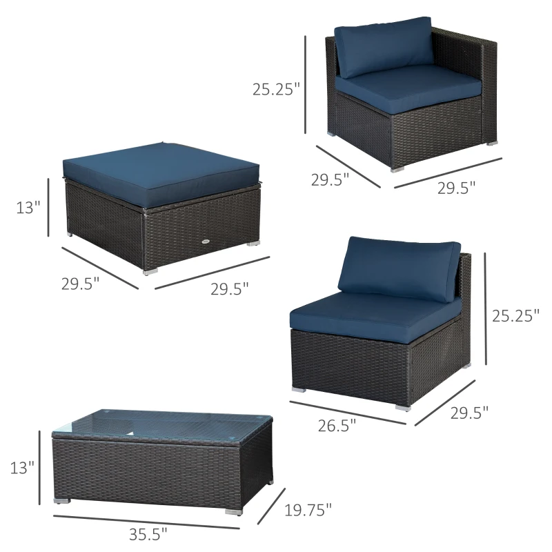 Outsunny 5-Piece Patio Furniture Set with Cushions, Outdoor PE Rattan Wicker Sofa Set, Sectional Furniture with Pillows, Glass Coffee Table for Garden, Backyard, Coffee/Blue