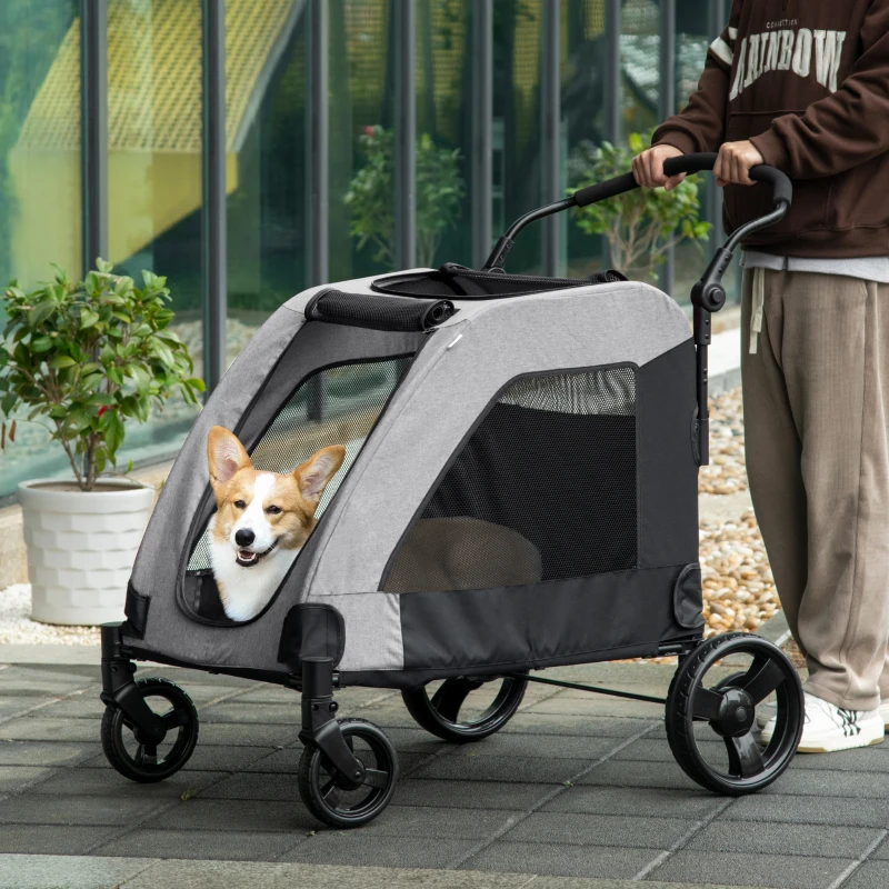PawHut 4 Wheel Pet Stroller with Storage Basket, Afjustable Handle, Ventilated Oxford Fabric for Medium Size Dogs Cat Grey