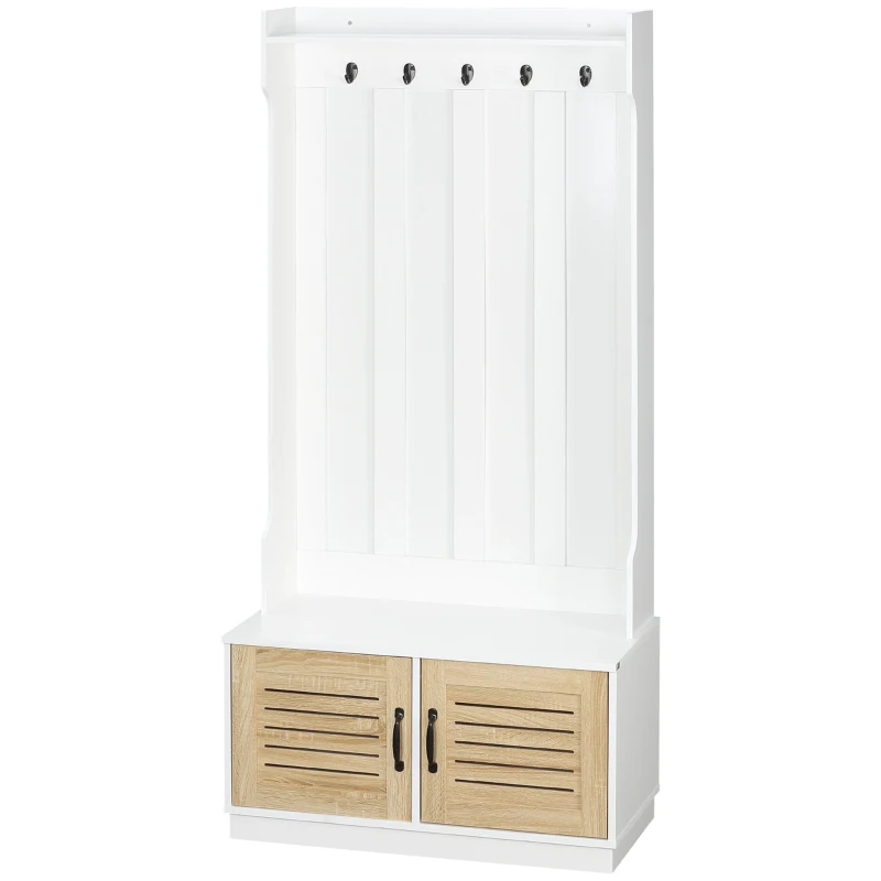 HOMCOM Modern Hall Tree, Entryway Coat Rack with Shoe Bench, 5 Hooks, Storage Shelf and Slatted Door Cabinet for Hallway, White