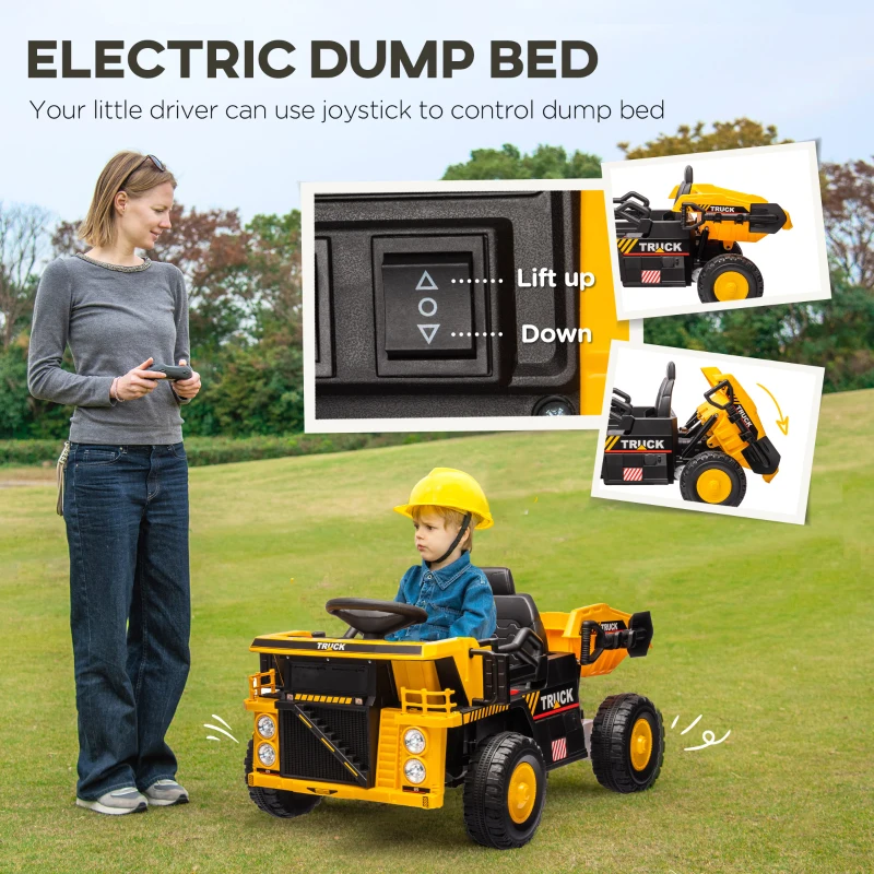 Qaba 12V Kids Ride on Dump Truck, Electric UTV w/ Electric Dump Bed, Shovel Spring Suspension & Music Player