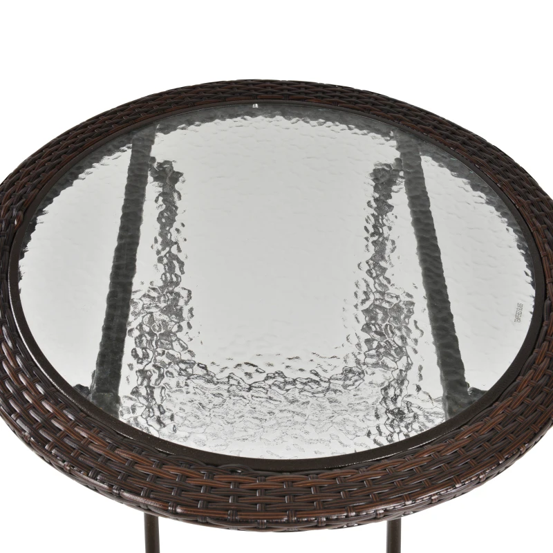 Outsunny 26.8" Dia. (68 Dia. cm) Folding Round Tempered Glass Metal Table with Brown Rattan Edging, Brown