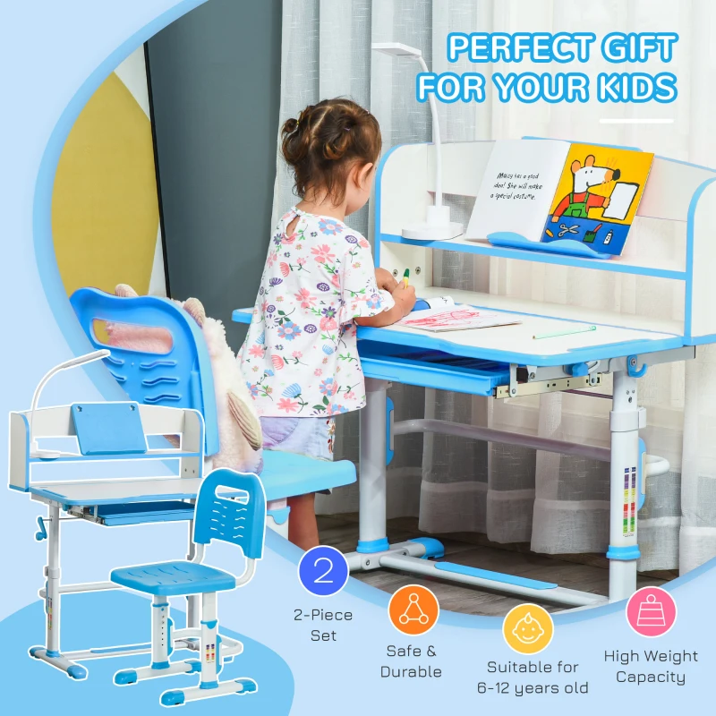 Qaba Kids Desk and Chair Set with Easy Rotation Handle, Height Adjustable Study Table and Chair Set with LED Lamp, Bookshelf, Drawer, Reading Board, Pen Slot, Hook, Blue