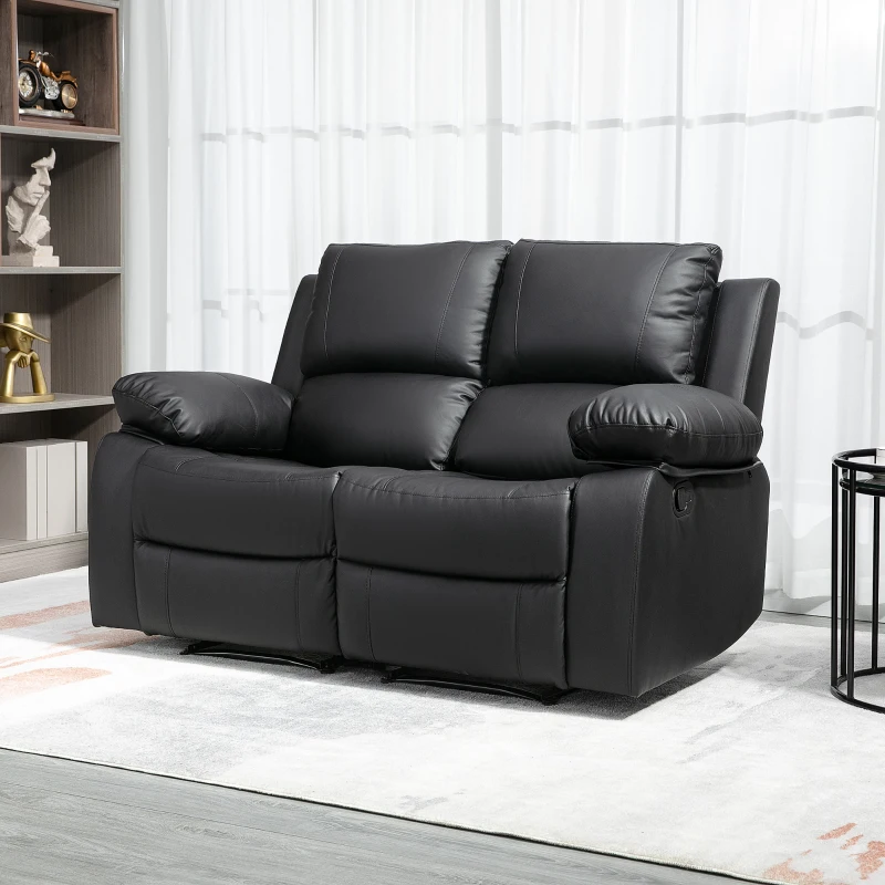 HOMCOM Double Reclining Loveseat, PU Leather Manual Recliner Sofa Chair with Pullback Control Footrest for Living Room, Black