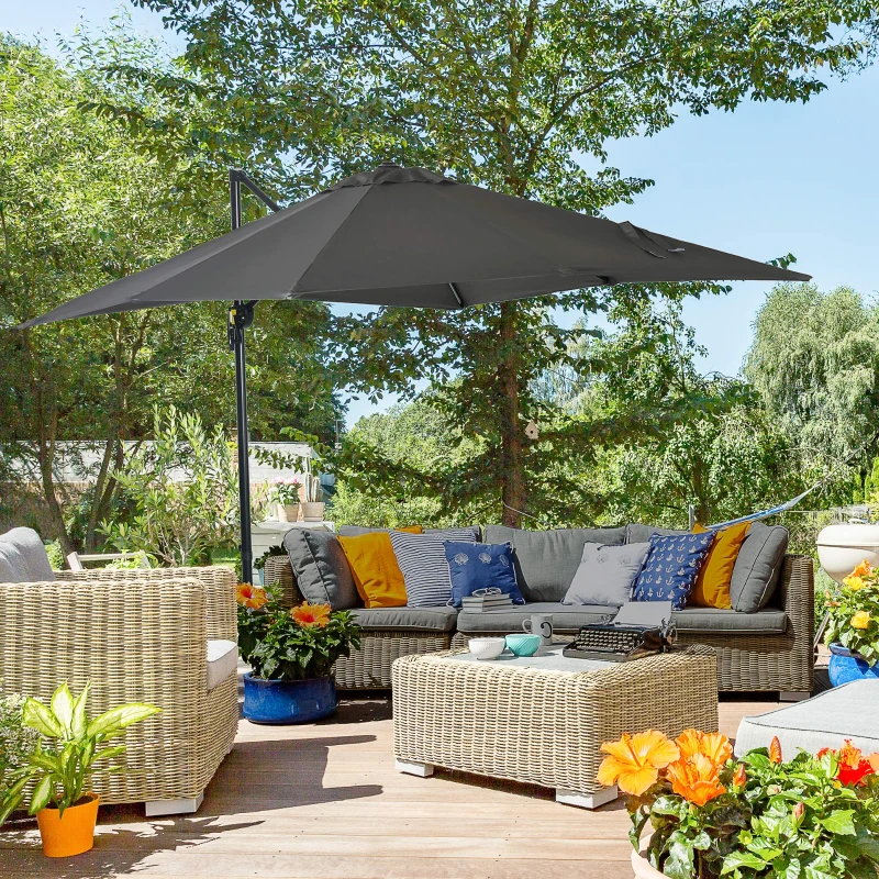 Outsunny 8' x 8' Square Patio Hanging Offset Umbrella with 360° Rotation, Aluminum Outdoor Cantilever Parasol with Crank & Tilt, Sun Canopy Shelter with Cross Base, Grey