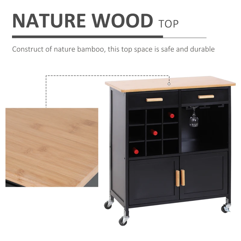 HOMCOM Portable Kitchen Trolley with Bamboo Top Storage Cabinet and Wine Rack (Black )