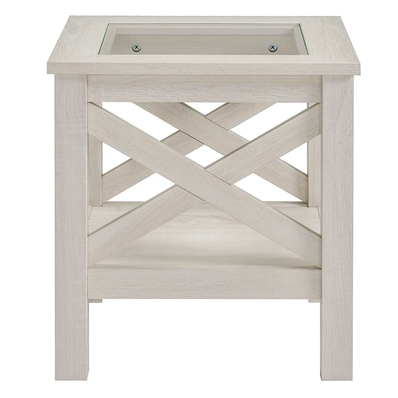 HOMCOM Coffee Table with Tempered Glass Tabletop, Living Room Table with Wood Frame and Underneath Storage Shelf, White Oak