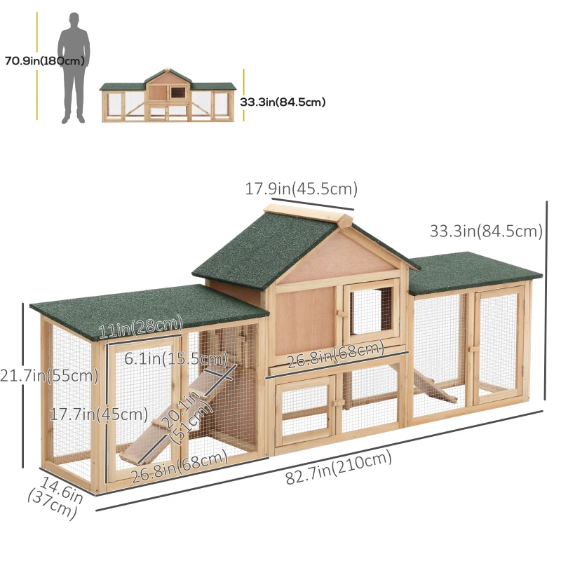 PawHut Large Rabbit Hutch Wood Bunny Cage Outdoor Guinea Pig House with Double Runs Slide Out Tray Ramps, 83"x18"x33", Natural