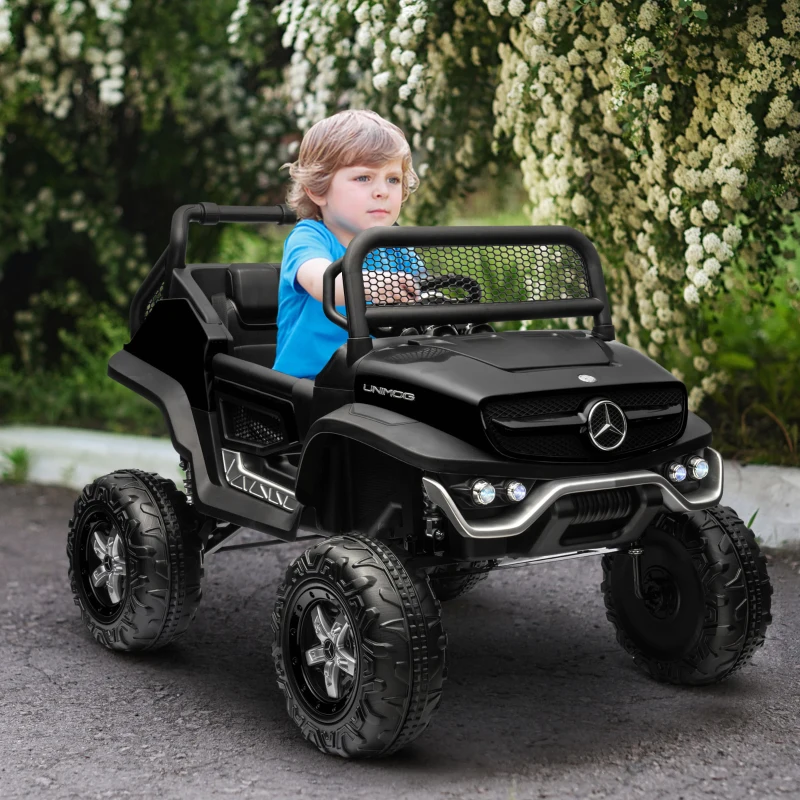 Aosom Licensed Mercedes-Benz Unimog 12V Kids Ride on Truck with Remote Control, Battery Powered Electric Car with Spring Suspension, LED Light, Horn, Music, Black