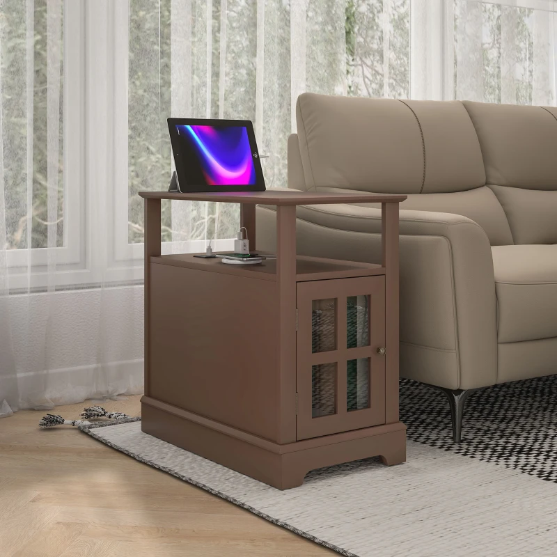 HOMCOM Narrow Side Table End Table with Charging Station, USB Ports, Modern End Table with Storage for Living Room, Brown