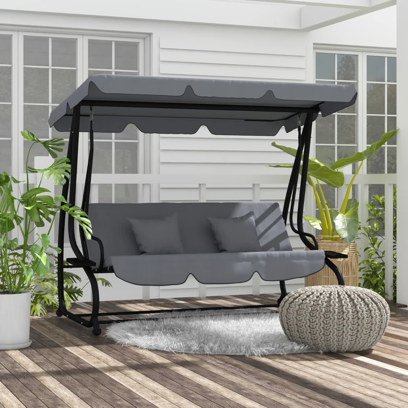 Outsunny Free Standing Swing Bench, Porch Swing with Stand, Adjustable Canopy, Cushion and Pillows, Dark Gray