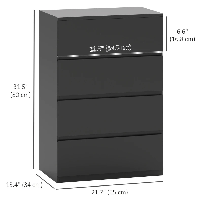 HOMCOM 4 Drawer Chest Storage Cupboard Freestanding Drawer Unit, Black