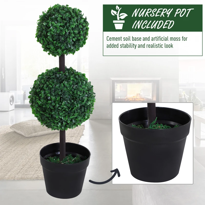 Outsunny 2 Ball Topiary Tree in Pot for Home Decor, Artificial Plant for Home Office, Living Room Decor, Dark Green