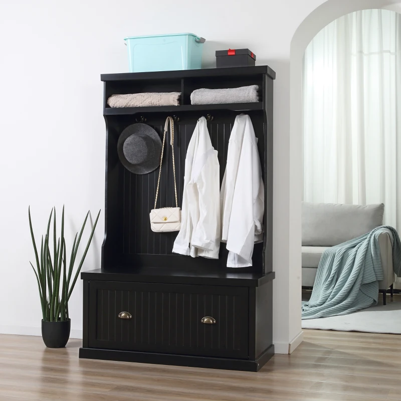 HOMCOM Entryway Bench with Coat Rack, 4 Double Hooks and 2 Compartments, Hall Tree with Bench and Shoe Storage for Hallway, Living Room, Black